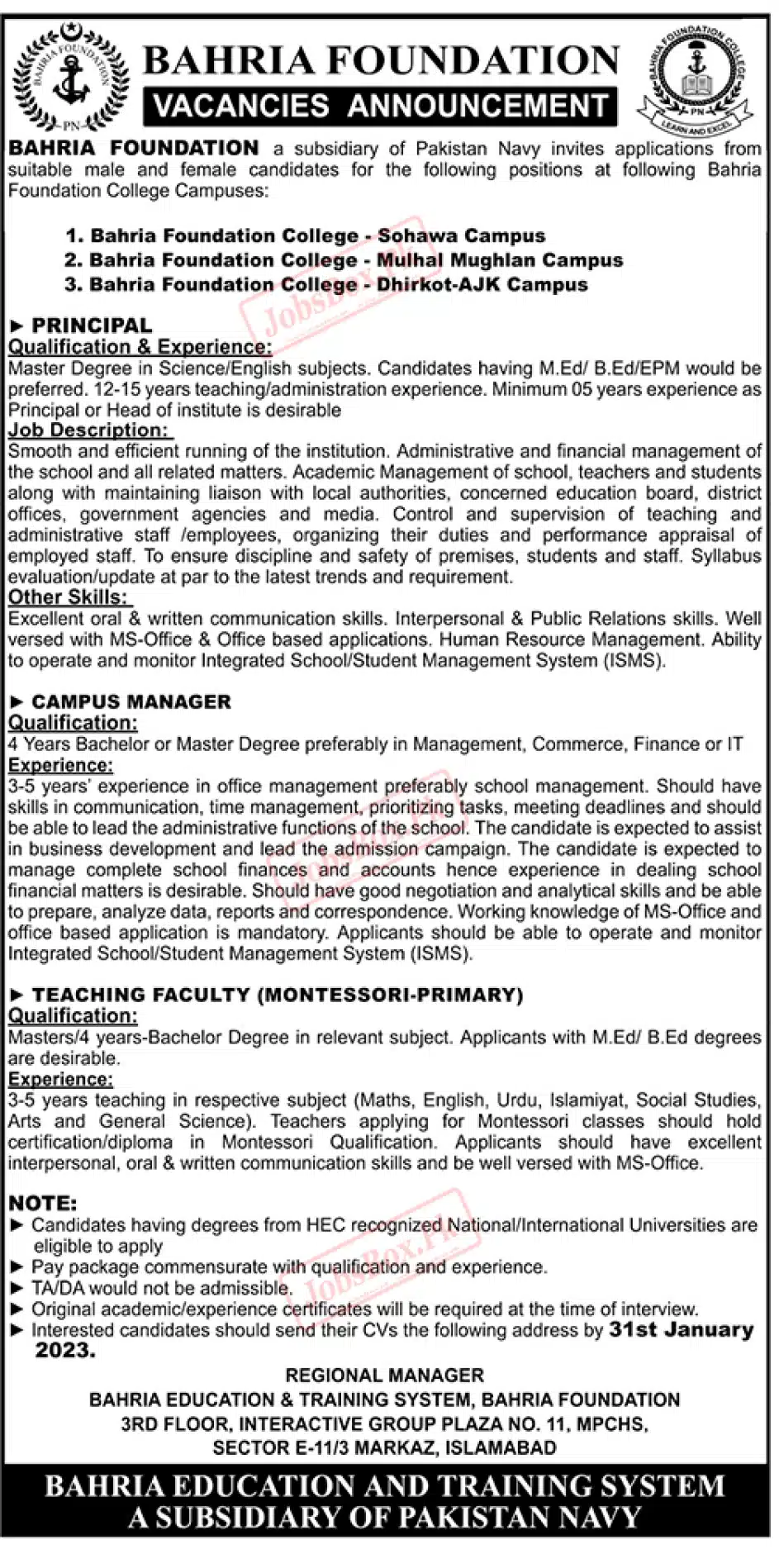Pak Navy - Bahria Foundation Colleges Jobs 2023 