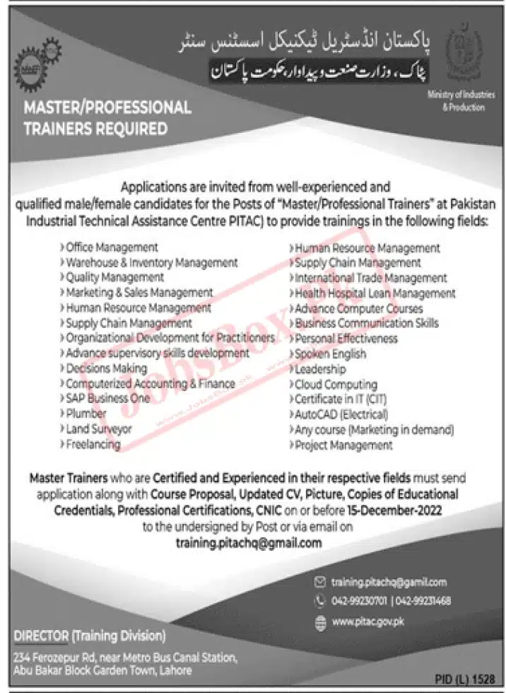 Pakistan Industrial Technical Assistance Center PITAC Jobs 2022 - Online Apply