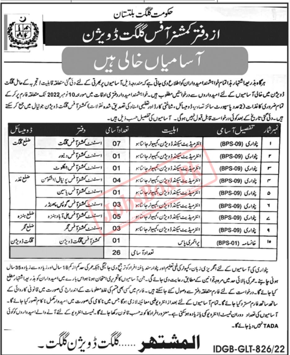 Patwari Jobs 2022 in Assistant Commissioner Offices Gilgit Division 