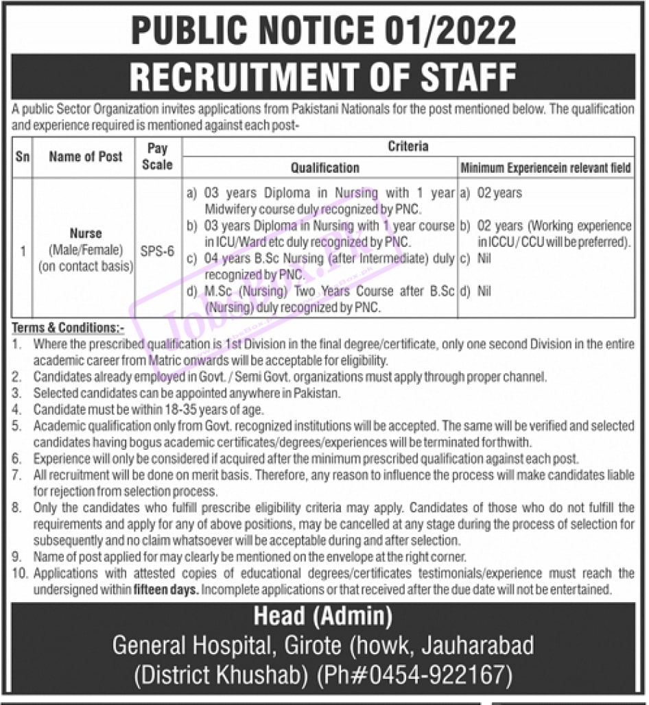 Public Sector General Hospital Jauharabad Jobs 2022