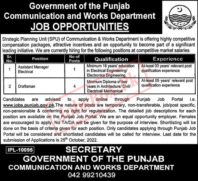 Punjab Communication and Works Department Jobs October 2022