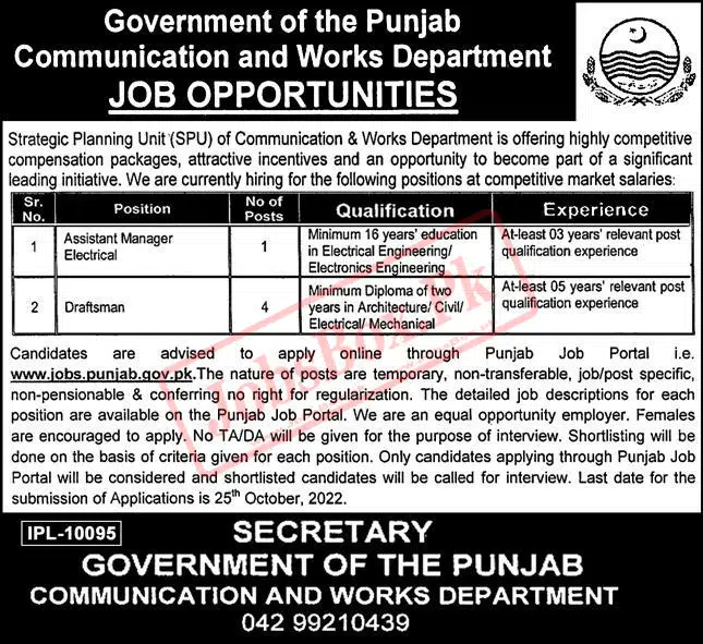 Punjab Communication and Works Department Jobs October 2022