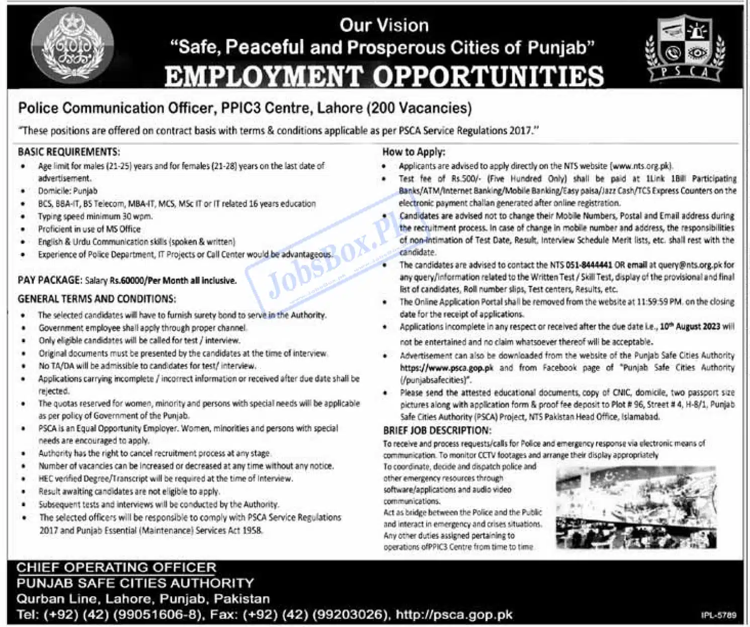 Punjab Safe Cities Authority PSCA Jobs 2023 NTS Online Apply