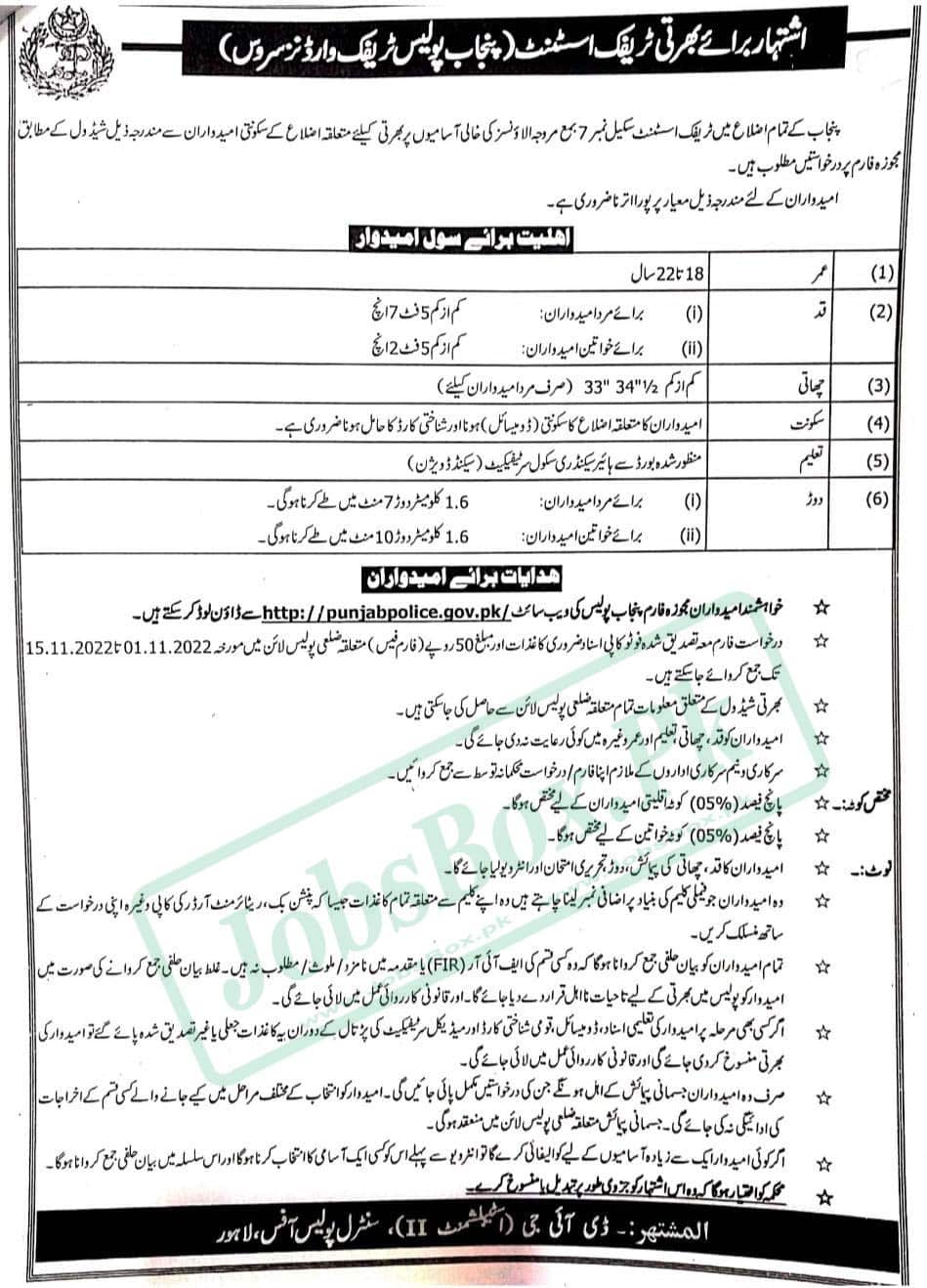 Punjab Traffic Police Traffic Assistant Jobs 2022 for Males and Females