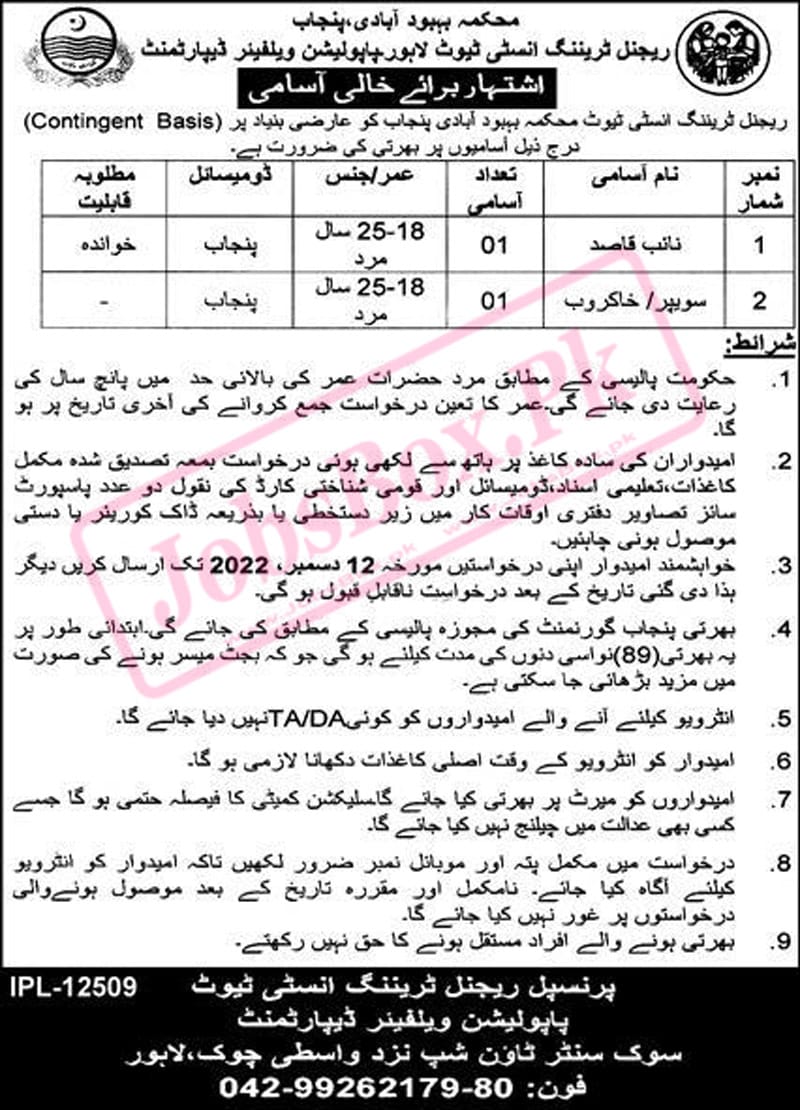 Regional Training Institute Population Welfare Department Punjab Jobs 2022 at Lahore