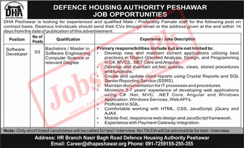 Software Developer Jobs at DHA Peshawar | Defence Housing Authority Jobs