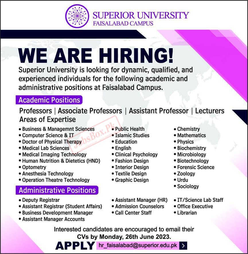 Superior University Faisalabad Campus Jobs 2023
