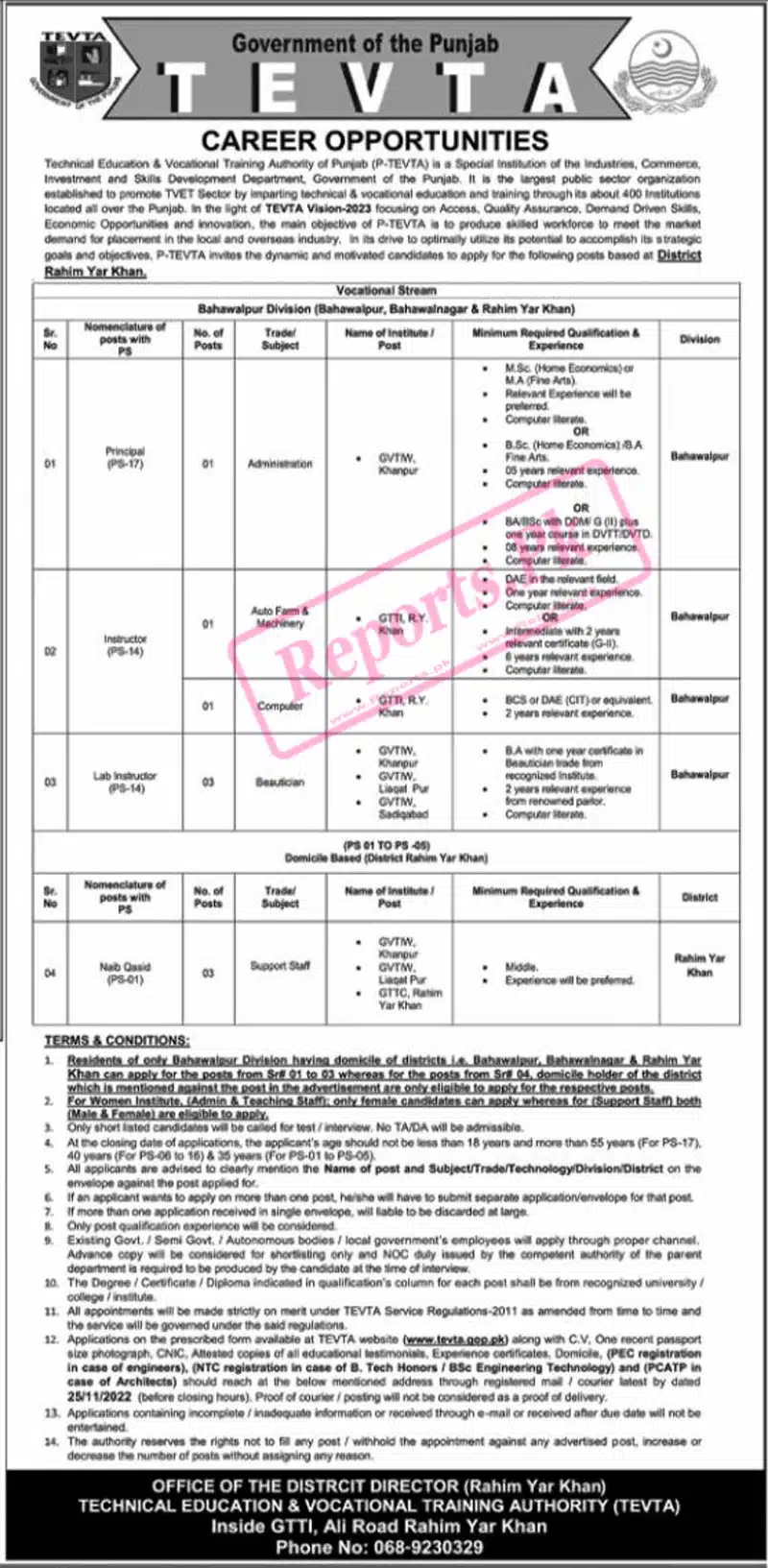 TEVTA Punjab Bahawalpur and Multan Division Jobs 2022