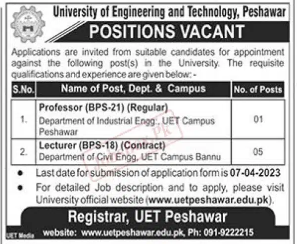 UET Peshawar Jobs 2023 Announcement for Teaching Faculty