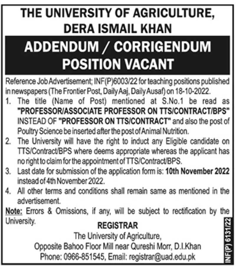 University of Agriculture Dera Ismail Khan Jobs Corrigendum