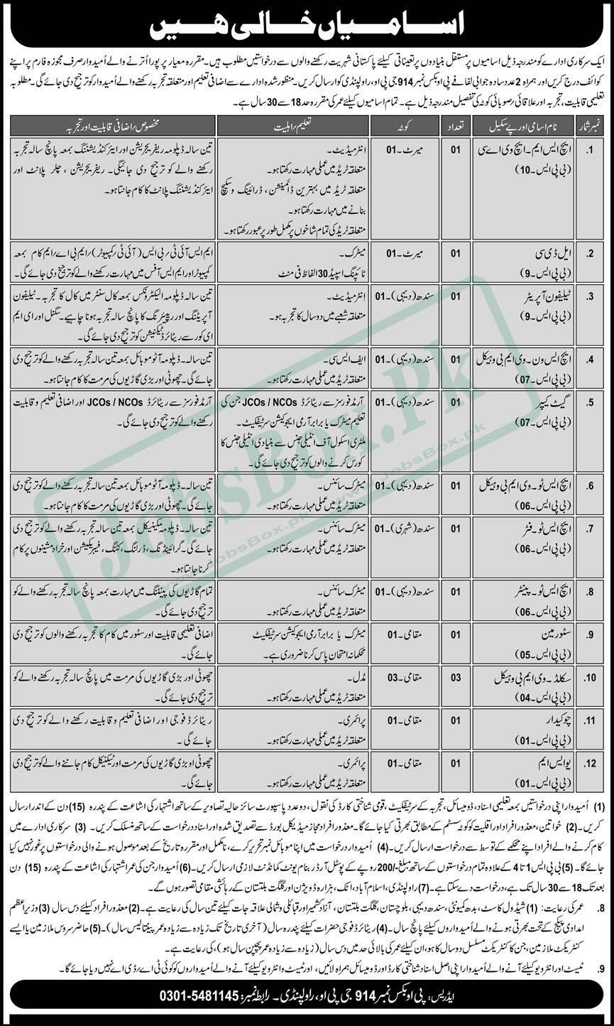 Pak Army Jobs at PO Box 914 GPO Rawalpindi