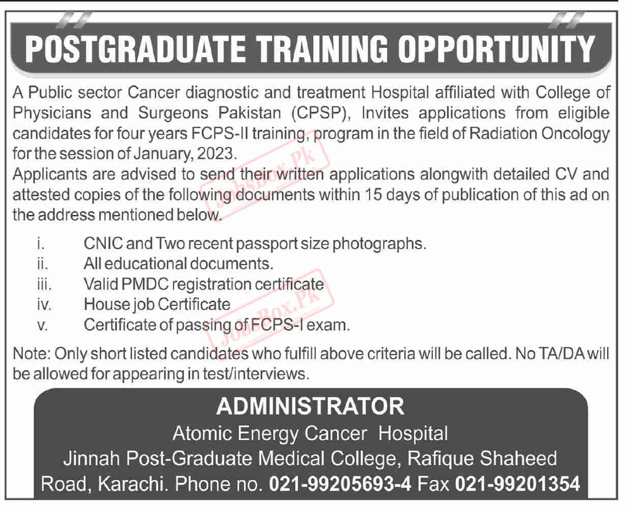 Atomic Energy Cancer Hospital Karachi Postgraduate Training Opportunity