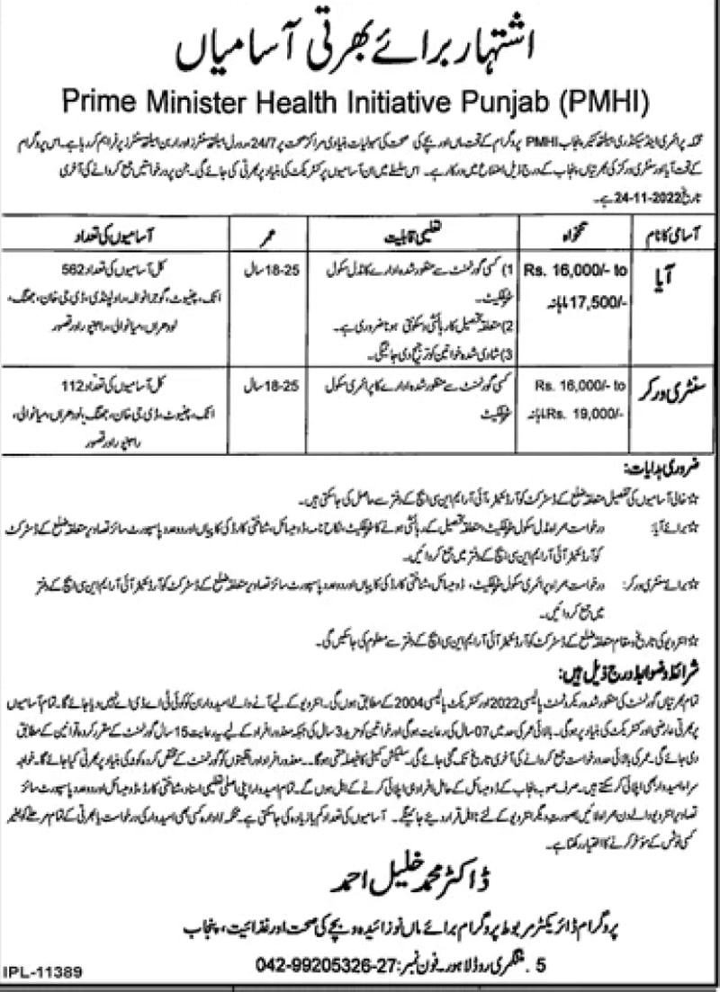 Aya and Sanitary Workers Jobs 2022 in Health Department Punjab