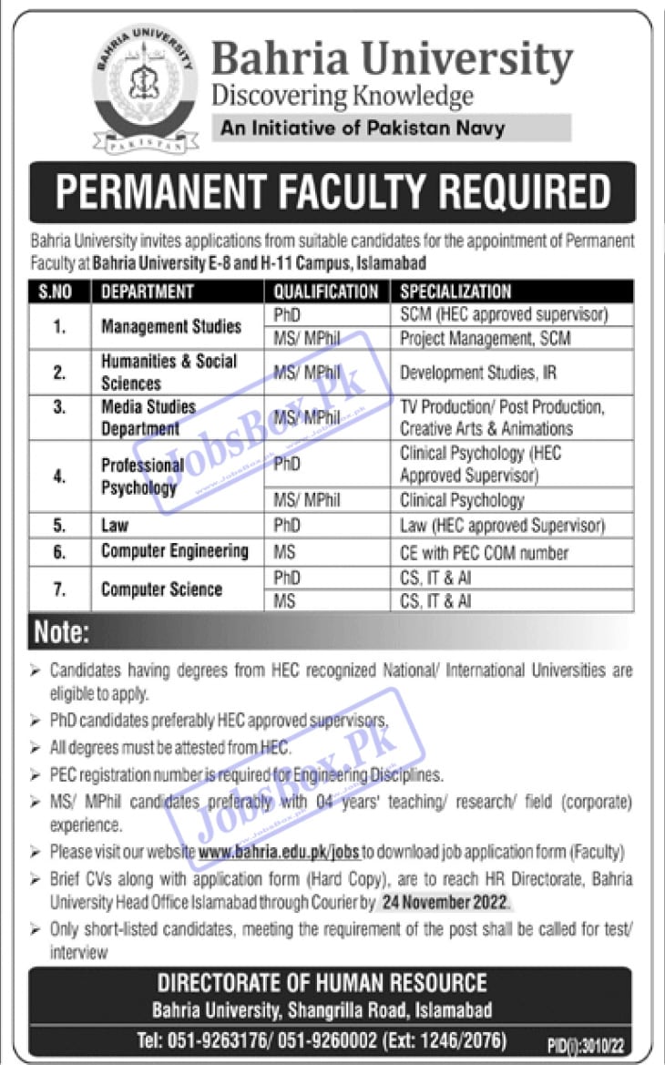 Bahria University E-8 and H-11 Campus Islamabad Jobs 2022
