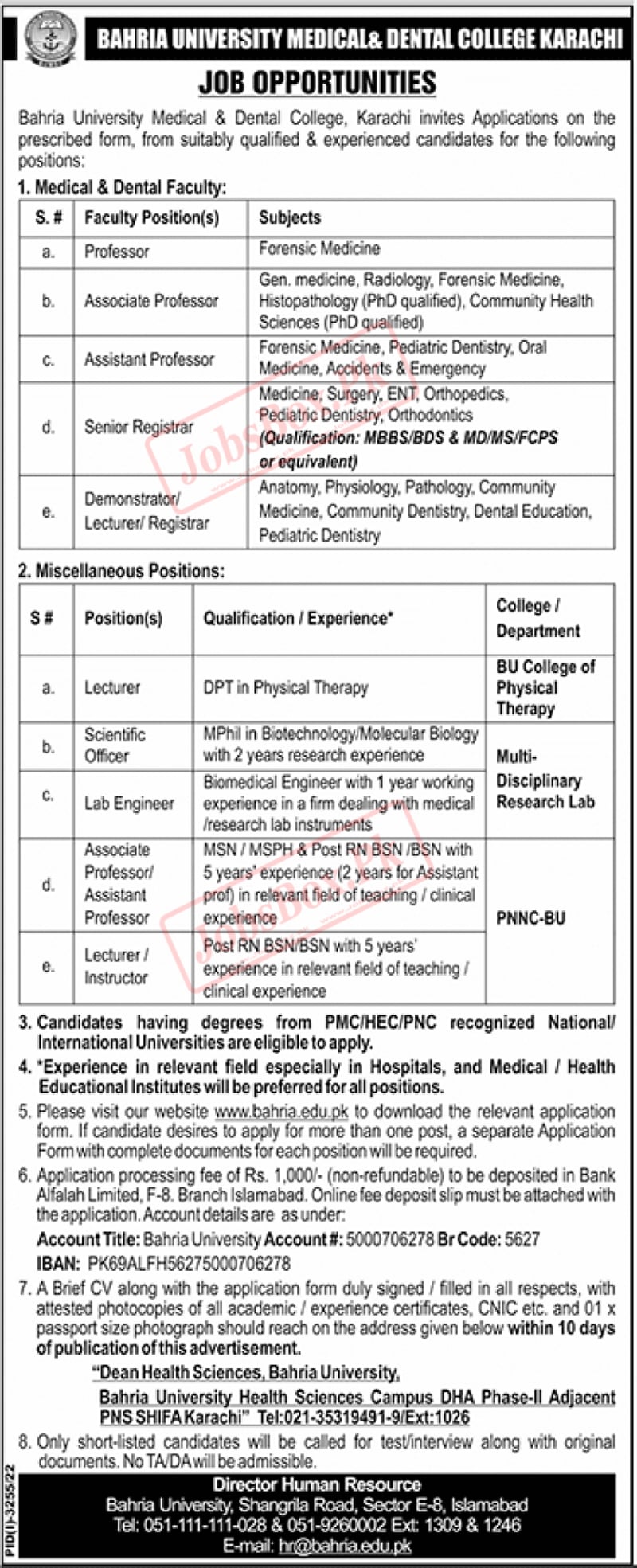 Bahria University Medical & Dental College Karachi Jobs 2022