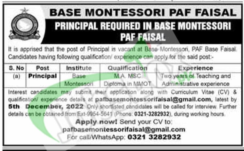 Base Montessori PAF Faisal Karachi Jobs 2022