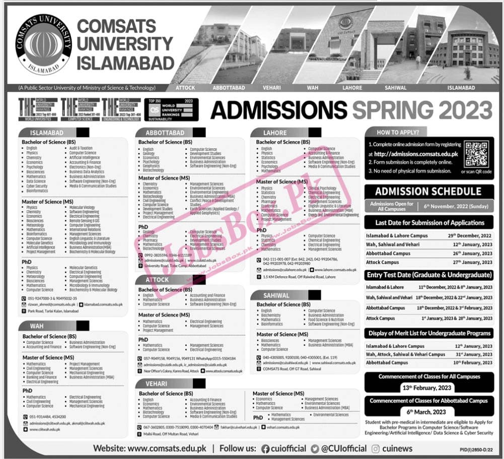 COMSATS University Admissions 2023