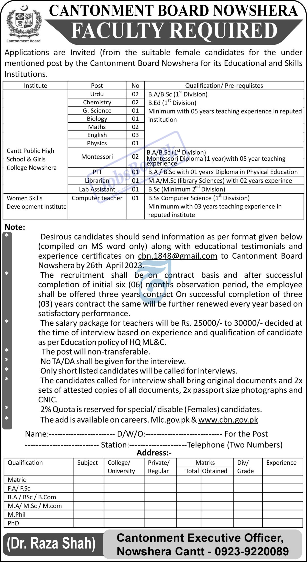 Cantonment Board Nowshera Jobs 2023