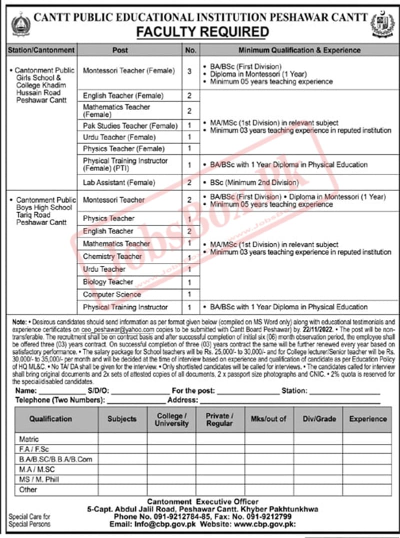 Cantt Public Educational Institution Peshawar Cantt Jobs 2022