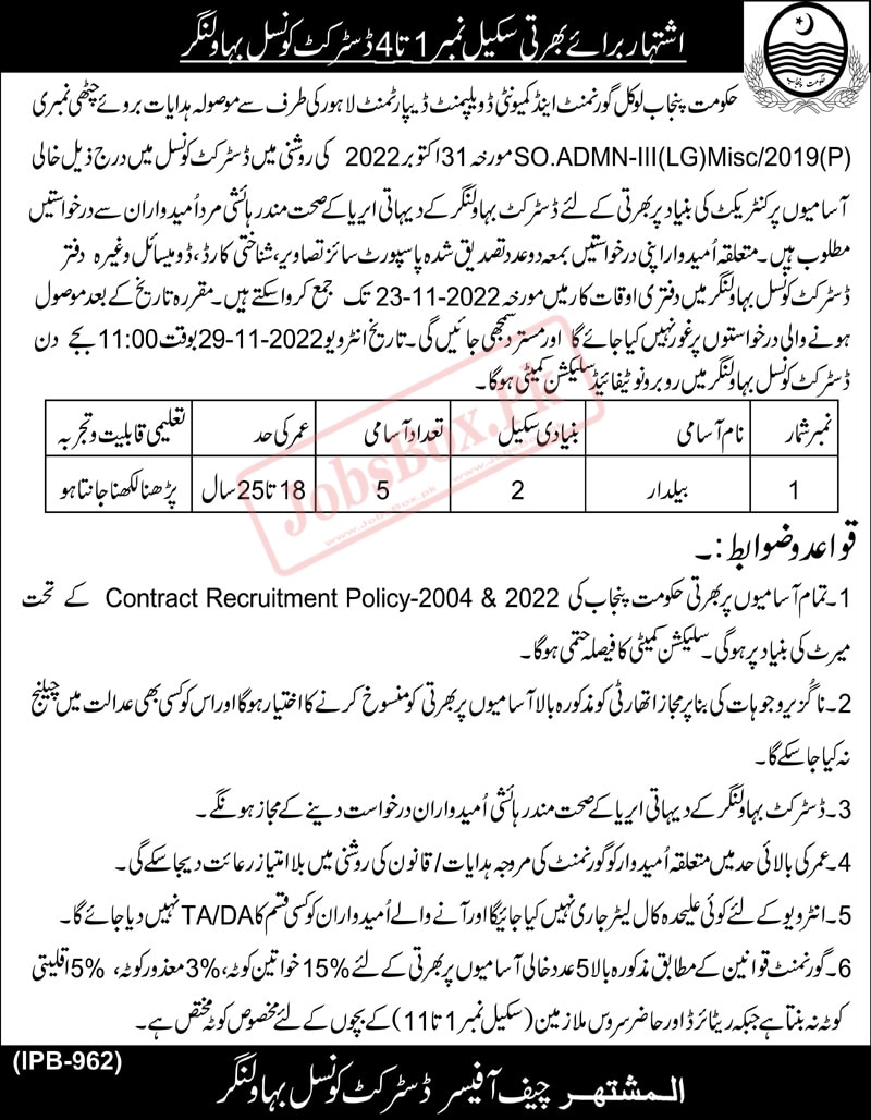 Class IV Jobs at District Council Bahawalnagar