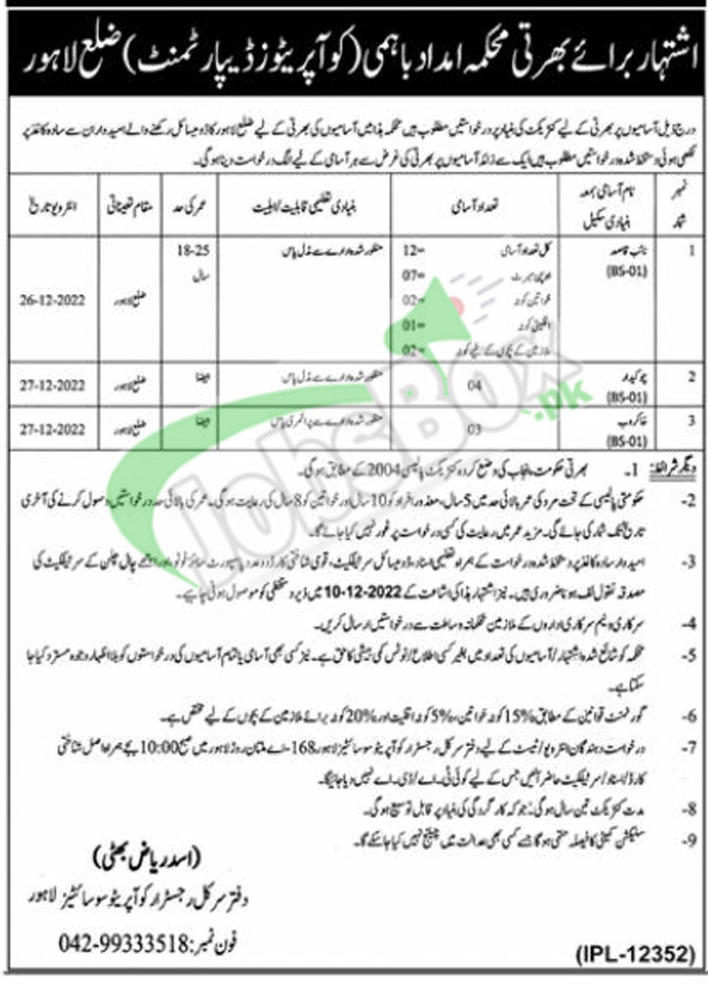 Class IV Staff Required in Cooperatives Department Lahore