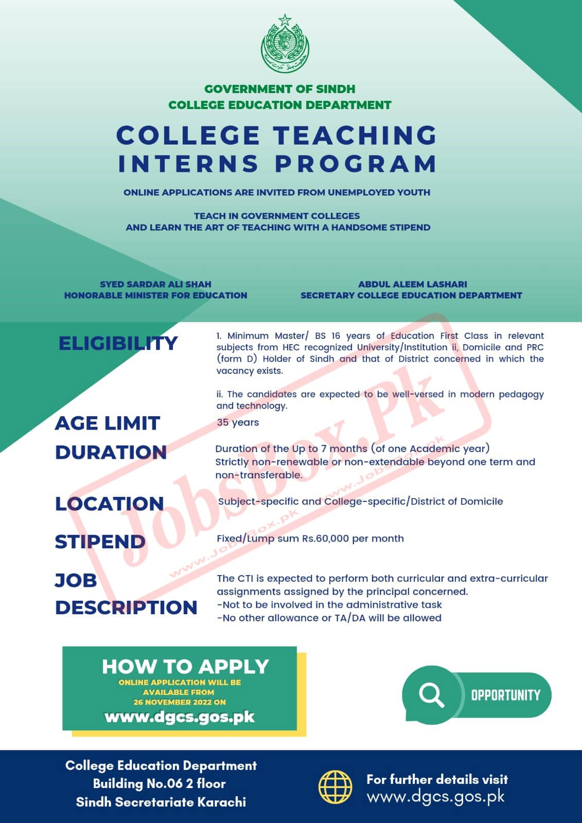 College Teaching Interns CTI Jobs at College Education Department Sindh