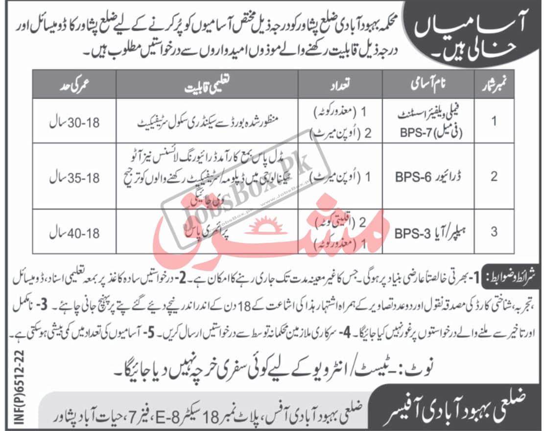 District Population Welfare Office Peshawar Jobs 2022