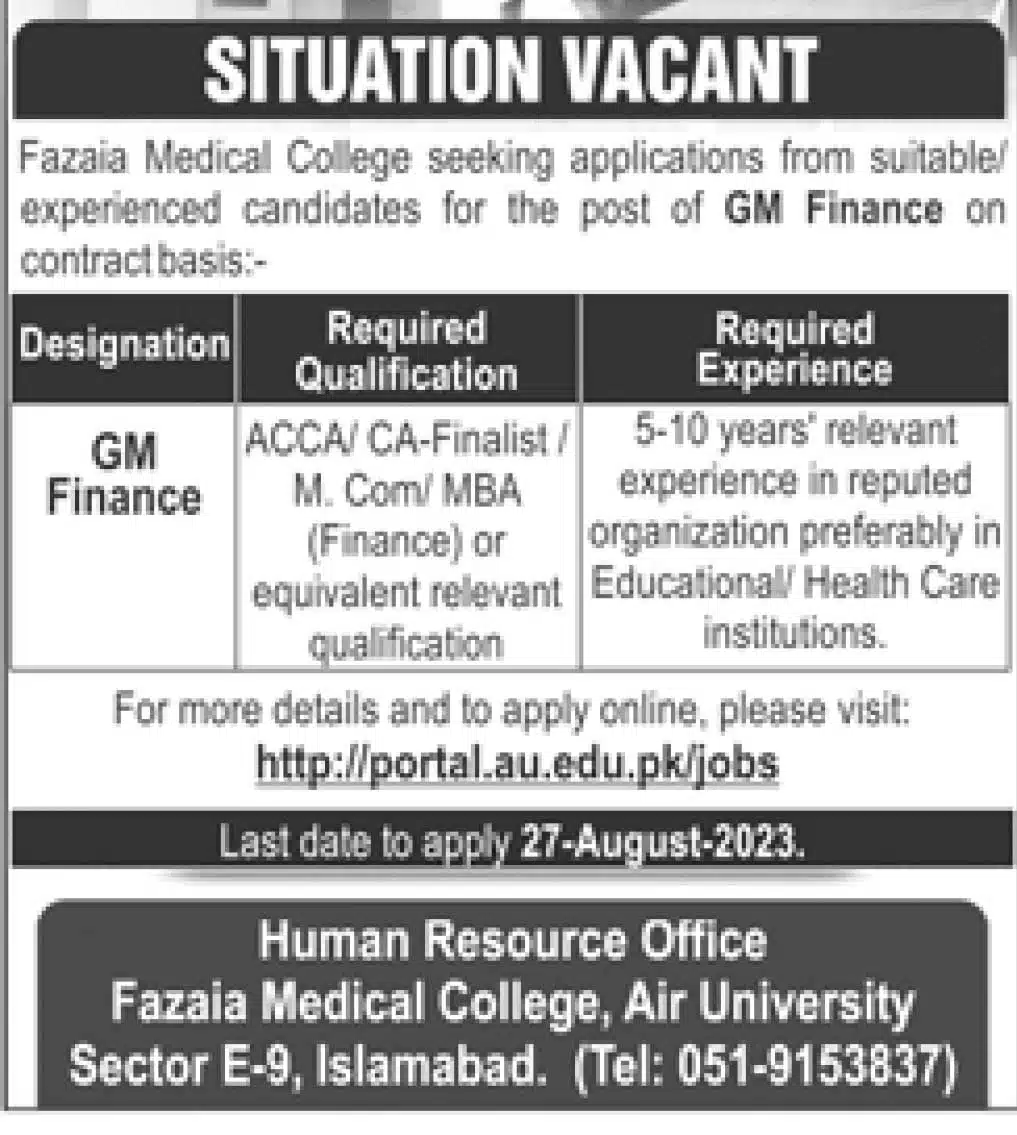 Fazaia Medical College Air University Islamabad Jobs 2023