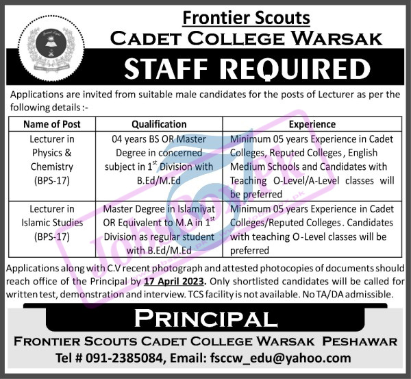 Frontier Scouts Cadet College Warsak Jobs 2023 for Lecturers