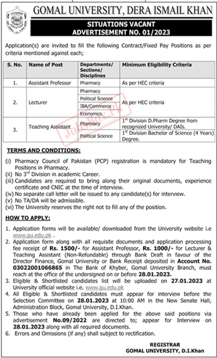 Gomal University Dera Ismail Khan Jobs 2023 