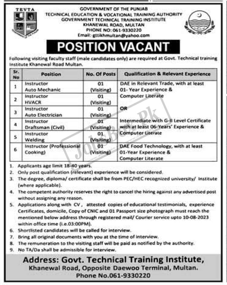 Government Technical Training Institute Multan Jobs 2023