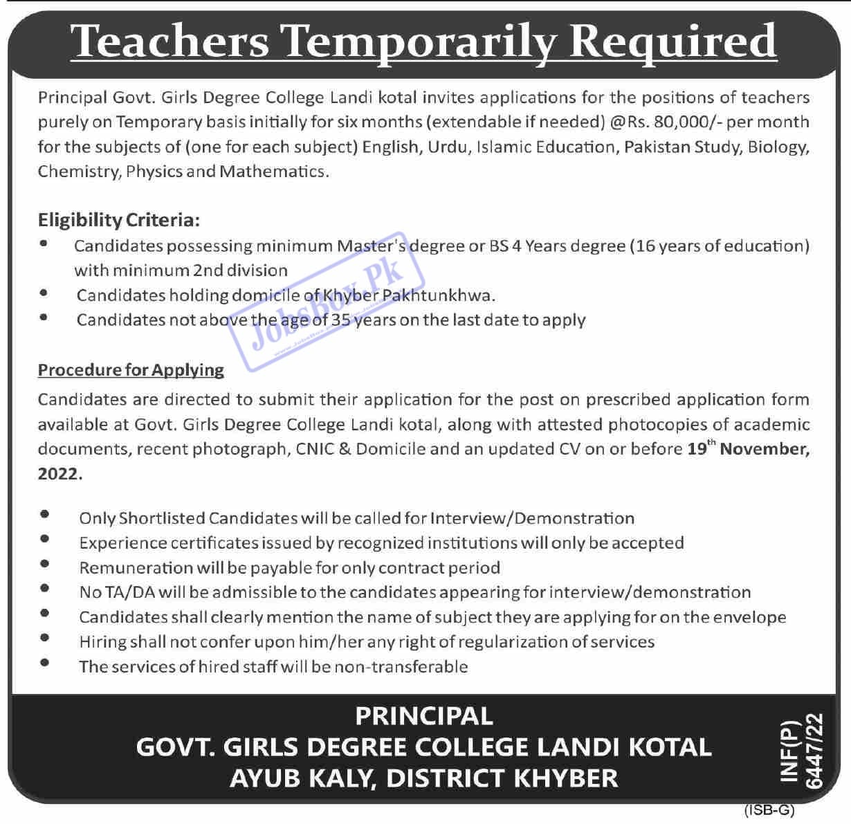 Govt Girls Degree College Landi Kotal Jobs 2022