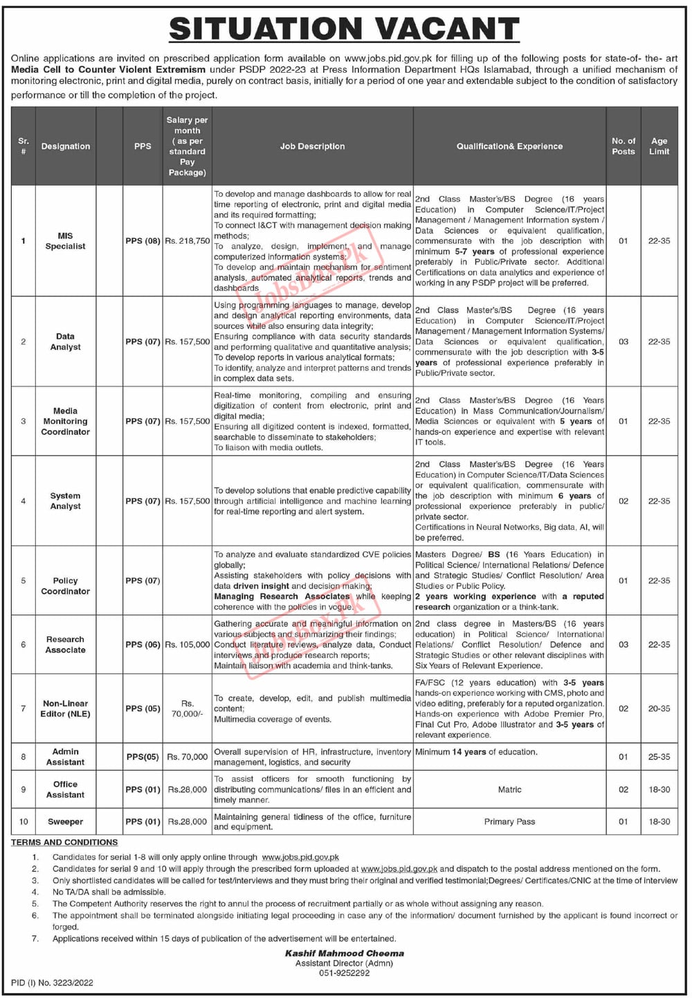 Govt Jobs at Press Information Department HQs Islamabad