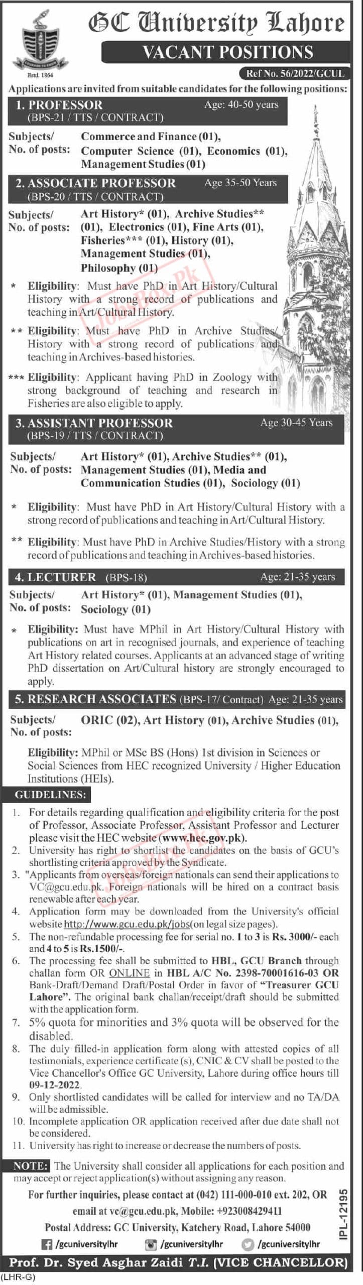 Govt Vacancies at Government College GC University Lahore GCUL