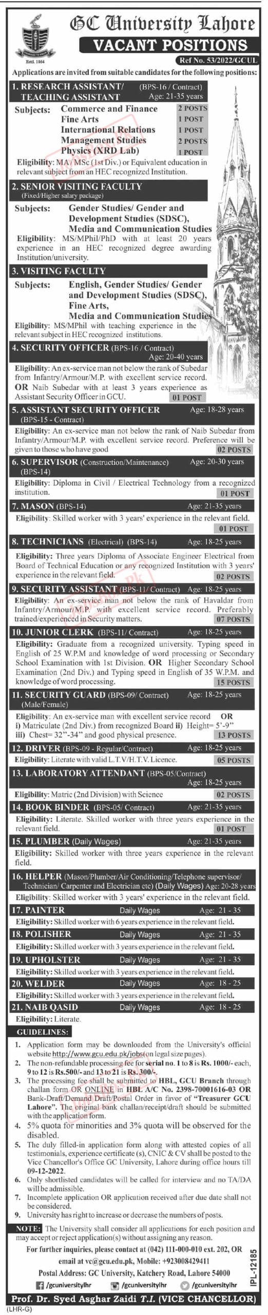 Govt Vacancies at Government College GC University Lahore
