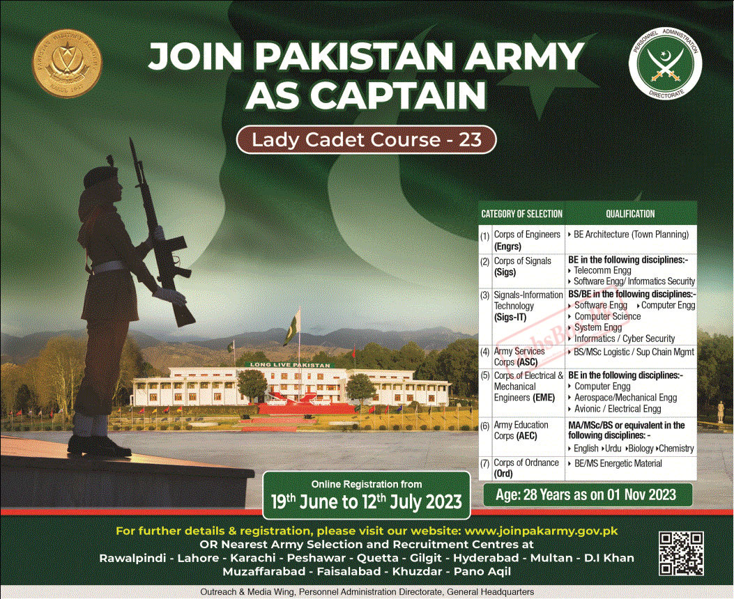 Join Pak Army as Captain Jobs 2023 - Pakistan Army Lady Cadet Course LCC 23