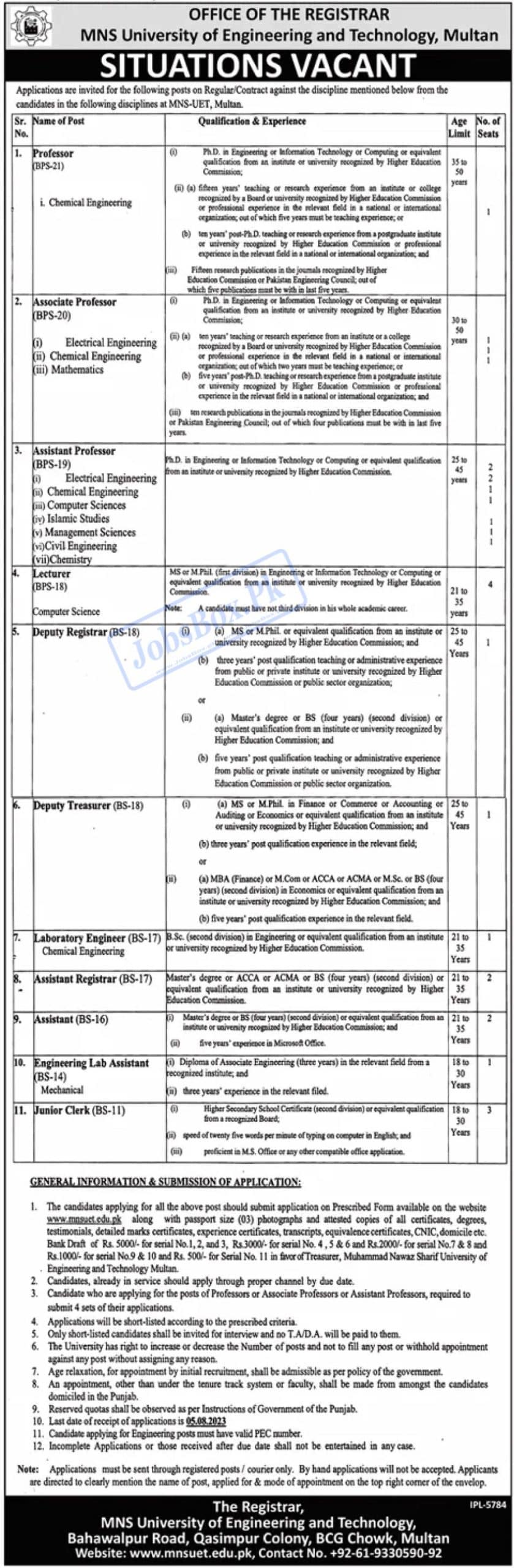 MNS UET Multan Jobs 2023 Application Form