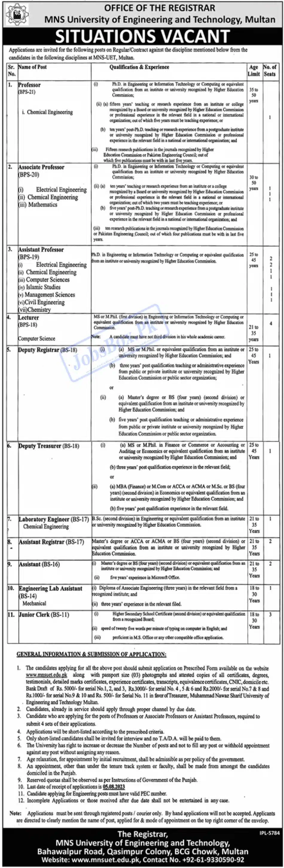 MNS UET Multan Jobs 2023 Application Form