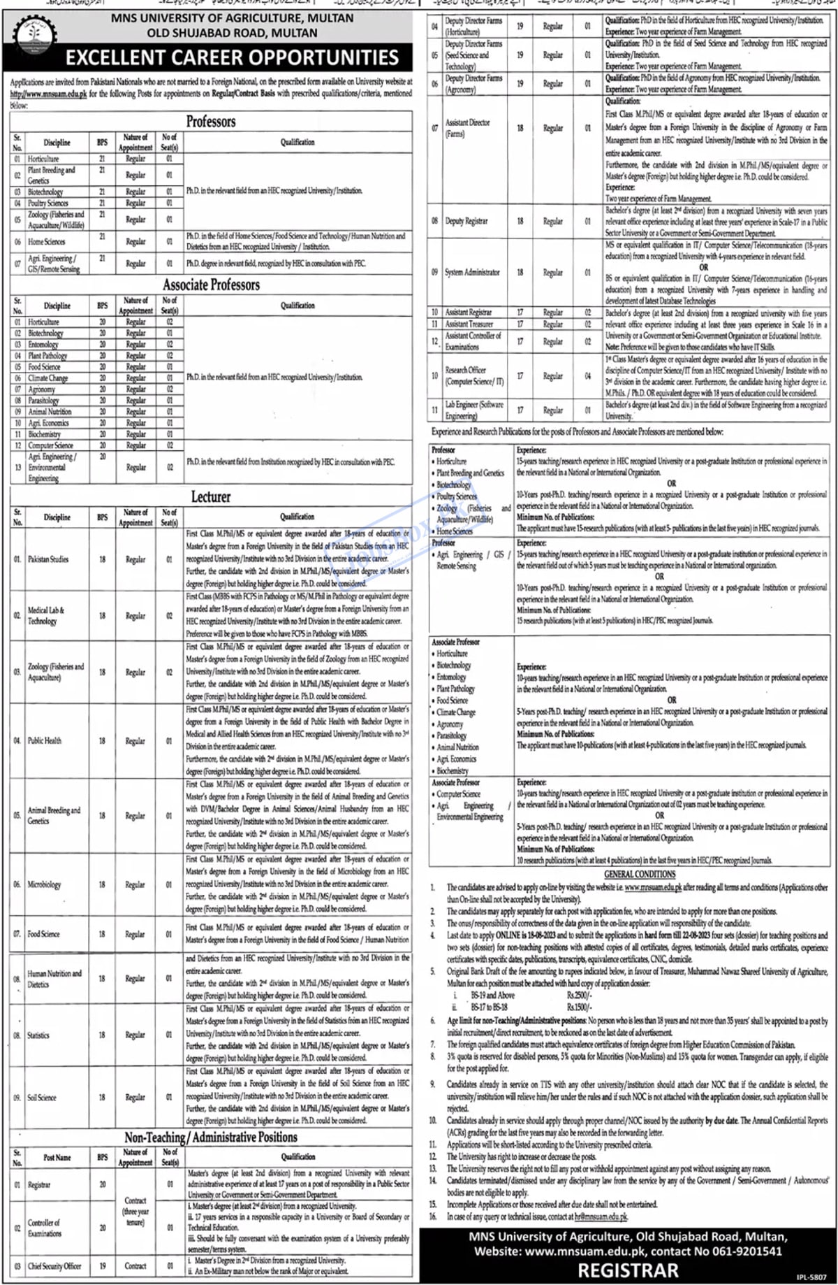 MNS University of Agriculture Multan Jobs 2023