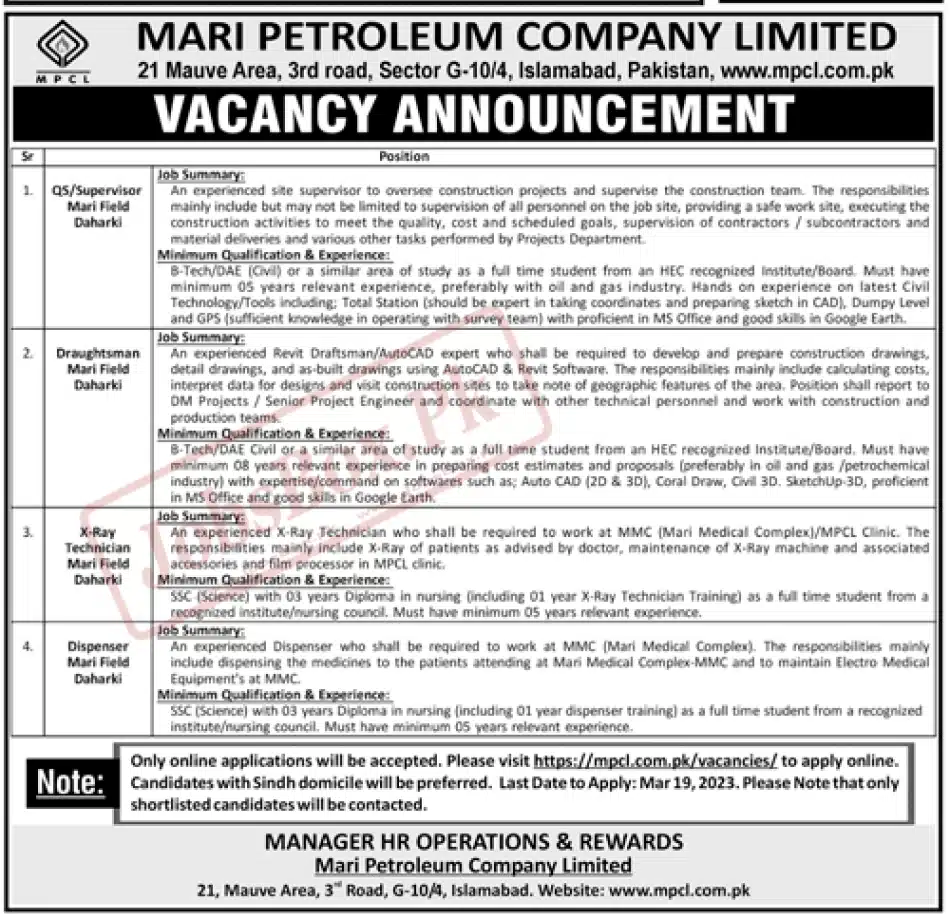 Mari Petroleum Company Limited MPCL Jobs 2023