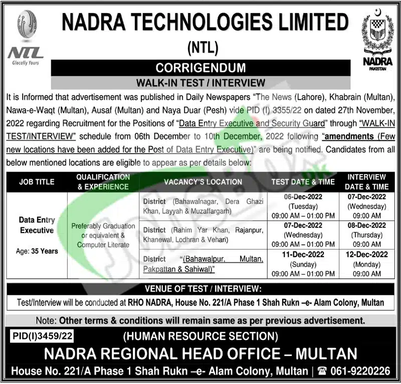 NADRA Regional Head Office Multan Jobs 2022 Corrigendum