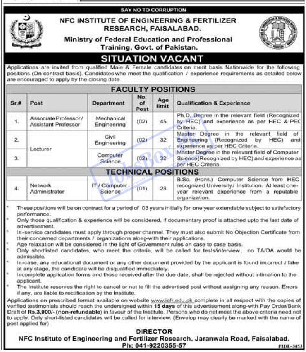 NFC Institute of Engineering & Fertilizer Research Faisalabad Jobs 2023