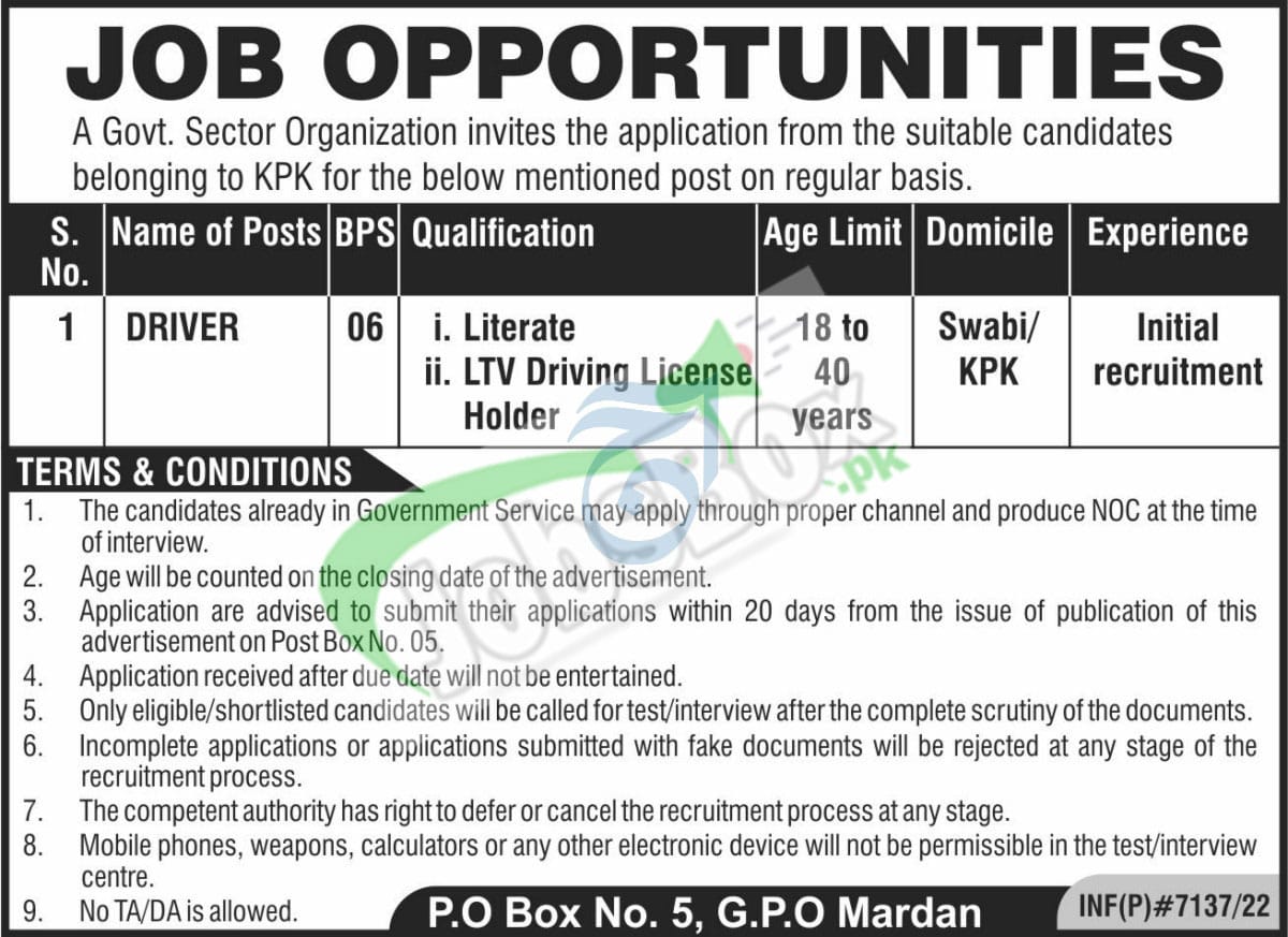 New Government Drivers Jobs 2023 in Khyber Pakhtunkhwa Province