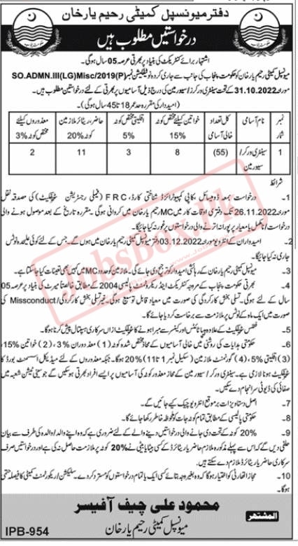 New Jobs in Municipal Committees of Rahim Yar Khan District