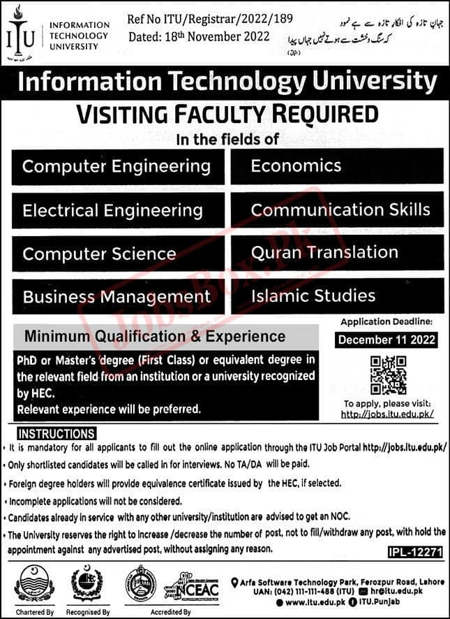 New Vacancies at Information Technology University ITU Lahore