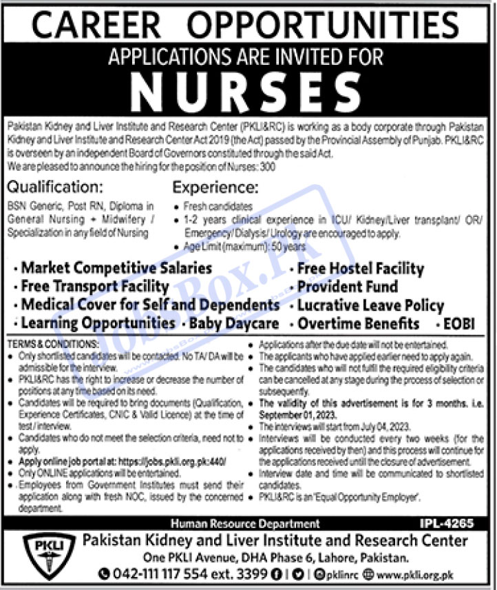Nurses Jobs 2023 at PKLI - Apply Online across Pakistan at www.pkli.org.pk