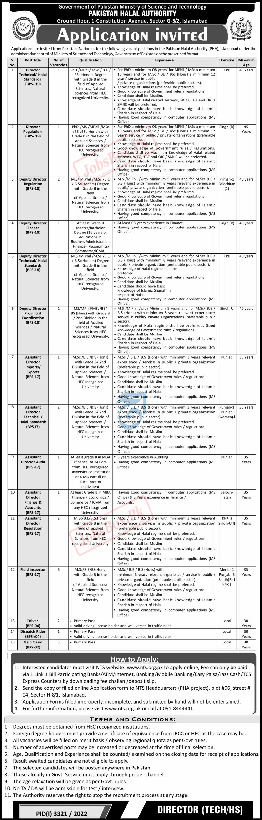 Pakistan Halal Authority PHA Islamabad Jobs 2022 - Fill Online NTS Form