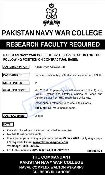 Pakistan Navy War College PNWC Jobs 2023 for Research Faculty