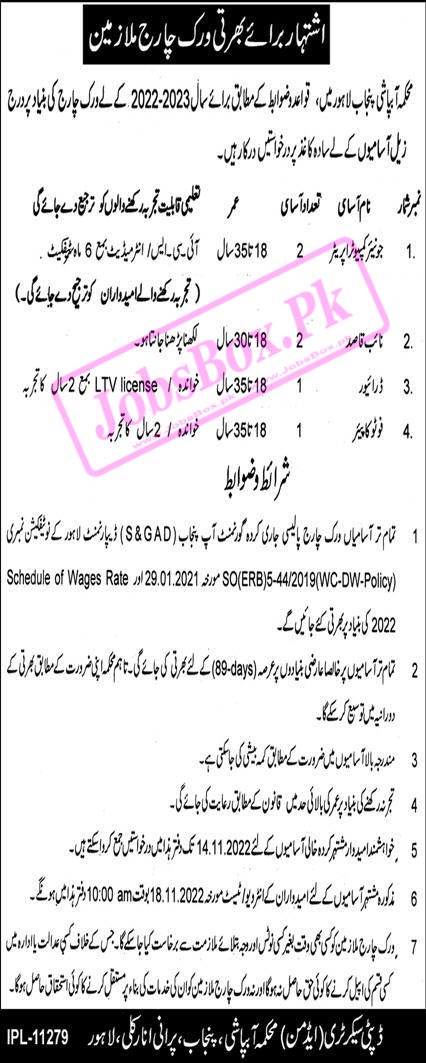 Punjab Irrigation Department Lahore Jobs 2022