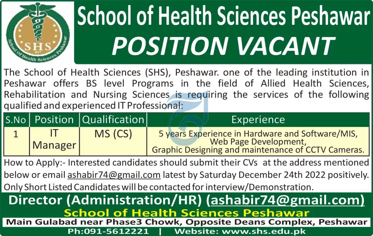 School of Health Sciences Peshawar Jobs 2022 - Send Online CVs